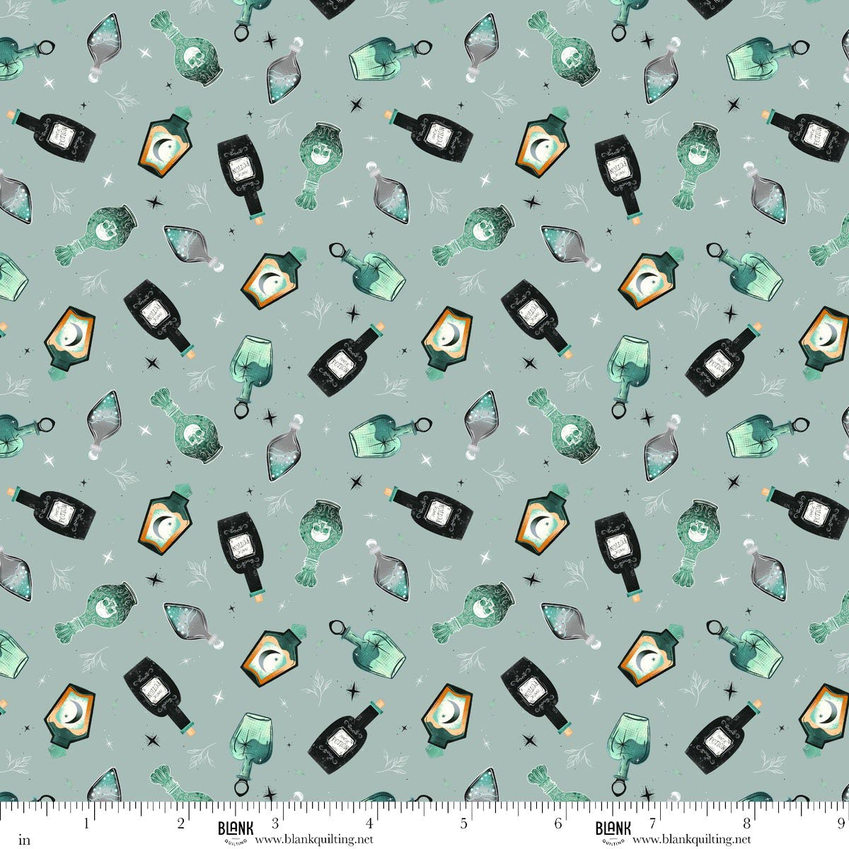 Pattern of various potion bottles on a light blue-grey background with a ruler for scale.