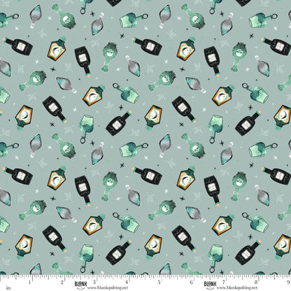 Pattern of various potion bottles on a light blue-grey background with a ruler for scale.
