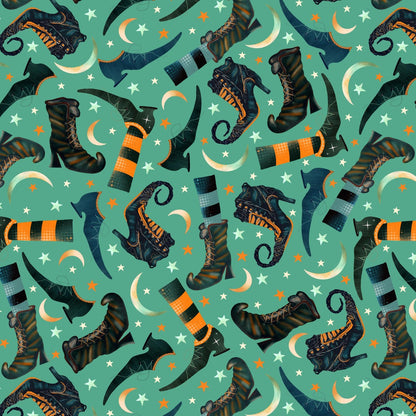 Pattern of witch boots, striped stockings, crescent moons, and stars on a teal background.