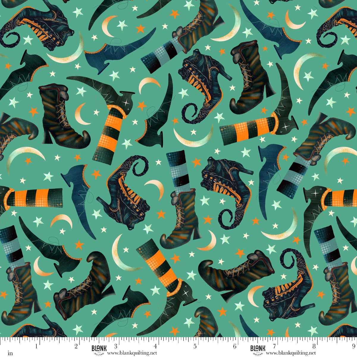 Pattern of witch boots, striped stockings, crescent moons, and stars on a teal background. Ruler for scale.
