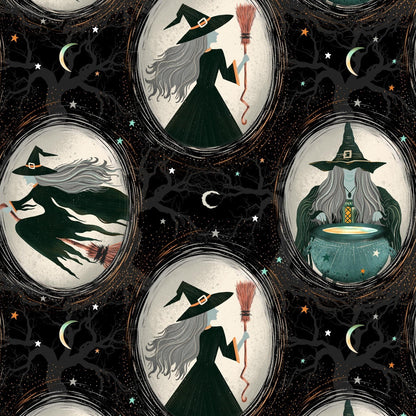 Cameos of witches and brooms with a mystical theme on a dark background.