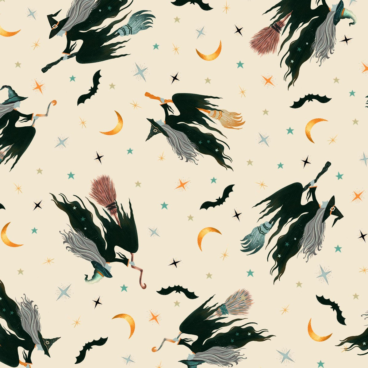 Halloween-themed pattern with witches, brooms, and moon phases on a beige background.