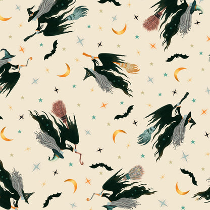 Halloween-themed pattern with witches, brooms, and moon phases on a beige background.