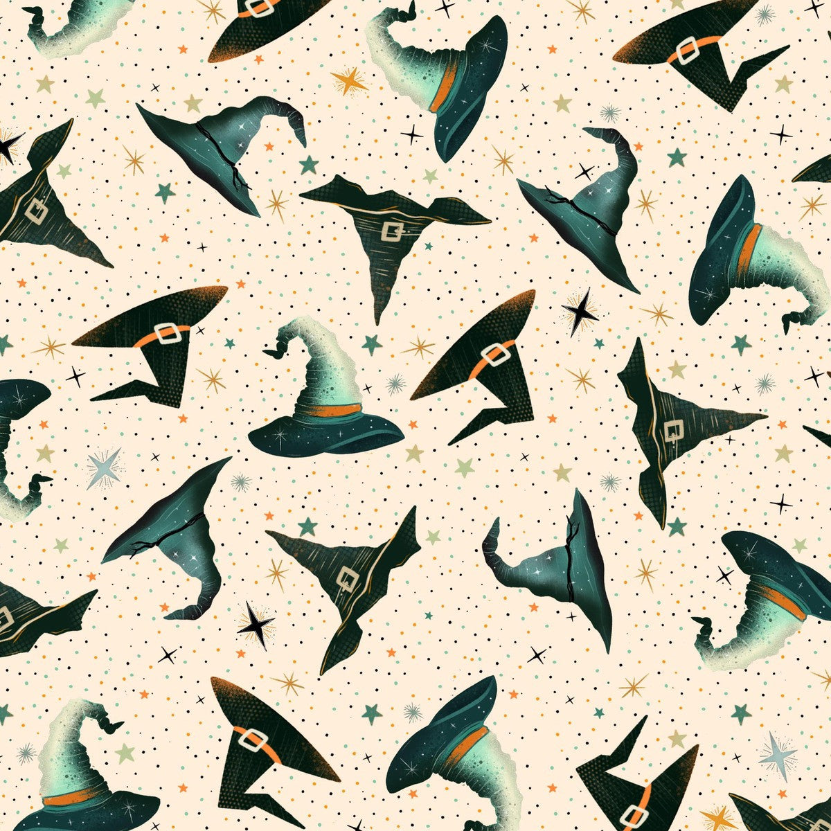 Pattern of witch hats on a beige background with stars.