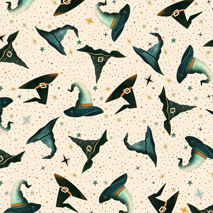 Pattern of witch hats on a beige background with stars.