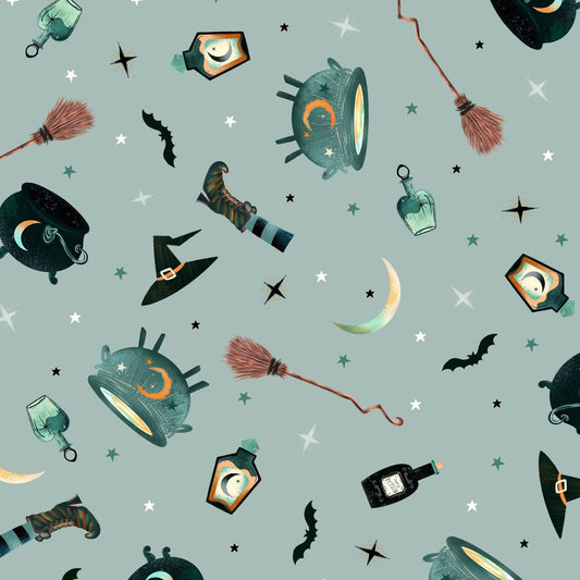 Halloween-themed pattern with brooms, bottles, and hats on a light blue background.