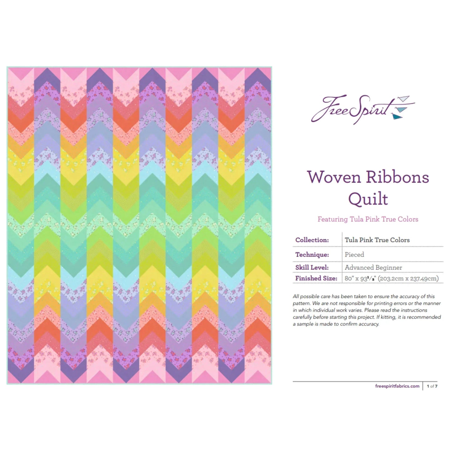 Woven Ribbons Quilt pattern with colorful zigzag design on a white background