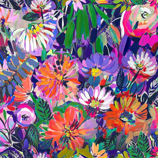 Colorful floral pattern with various flowers and leaves on a purple background