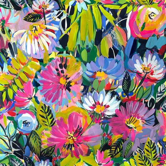 Colorful floral pattern with various flowers and leaves on a dark blue background