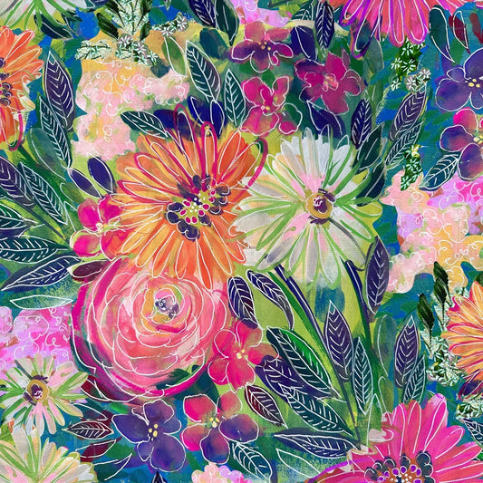 Colorful floral pattern with various flowers and leaves on a multicolored background