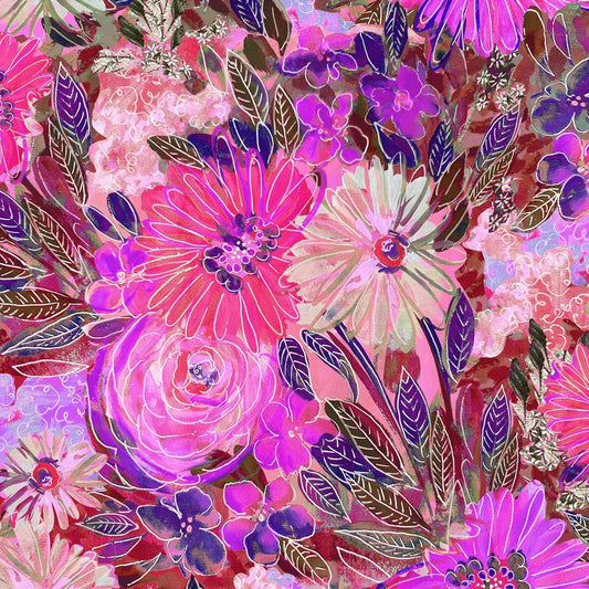 Colorful floral pattern with pink, purple, and red flowers on a multicolored background