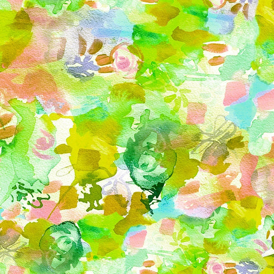 Colorful watercolor pattern with green, pink, and yellow tones.