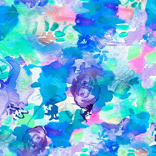 Colorful abstract art with a mix of blue, green, pink, and purple hues.