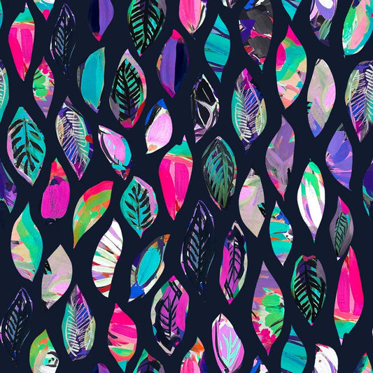 Colorful abstract leaf pattern on a black background