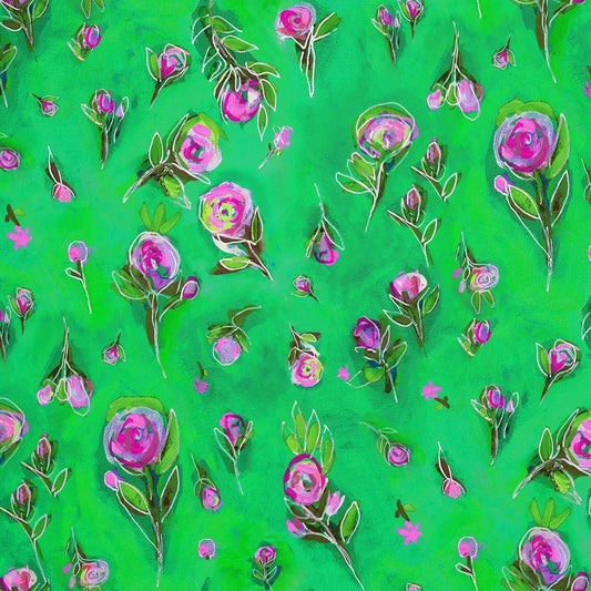 Pink abstract flowers on a green background