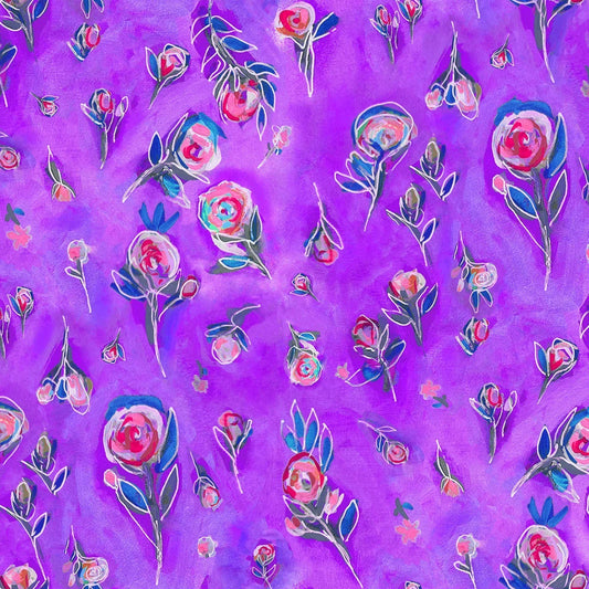 Pink and blue abstract flowers on a purple background