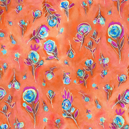 Abstract blue and magenta roses scattered across a warm orange background.