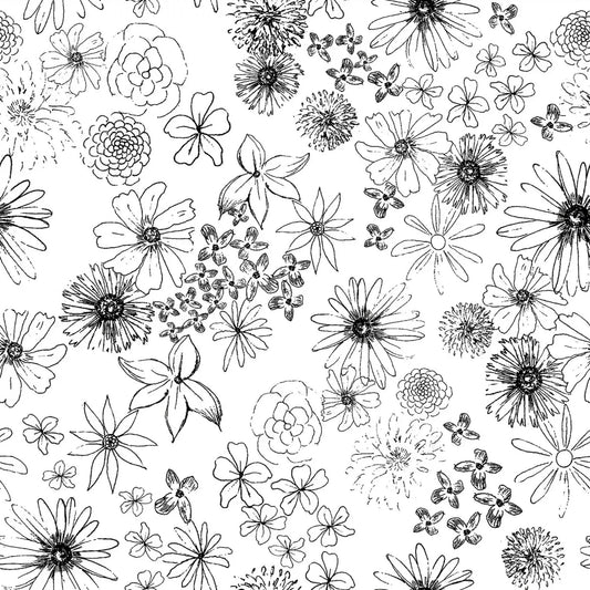 Black linework floral pattern on a white background