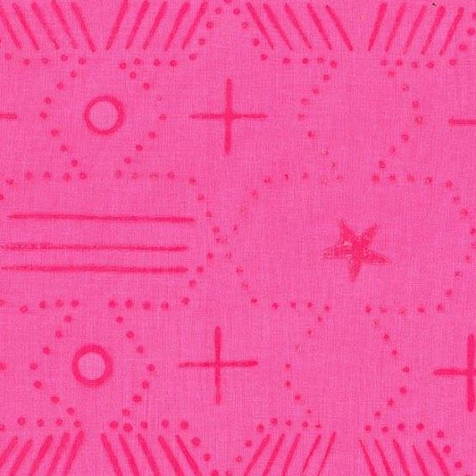 Observatory Ace in Iodine is a hand-dyed batik featuring beautiful raspberry geometric shapes on a bright pink background.