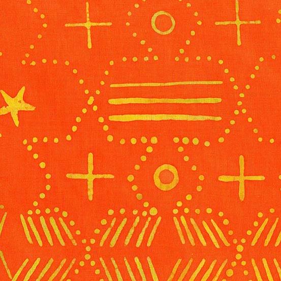 Observatory Ace in Mira is a hand-dyed batik featuring beautiful gold geometric shapes on a warm orange background.