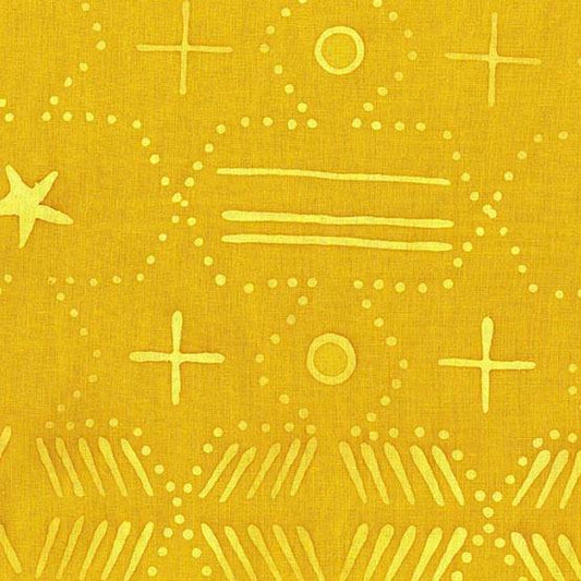 Observatory Ace in Sunlight is a hand-dyed batik featuring beautiful gold geometric shapes on a rich, mustard gold background.