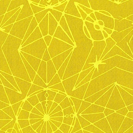 Observatory Astronomy in Chartreuse is a hand-dyed batik featuring beautiful geometric shapes in a range of greens on a yellow-green background.