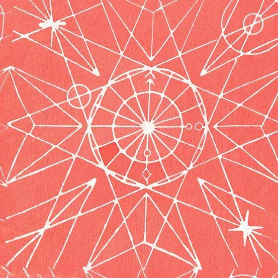 Observatory Astronomy in Dawn is a hand-dyed batik featuring beautiful ivory geometric shapes on a bright coral background.