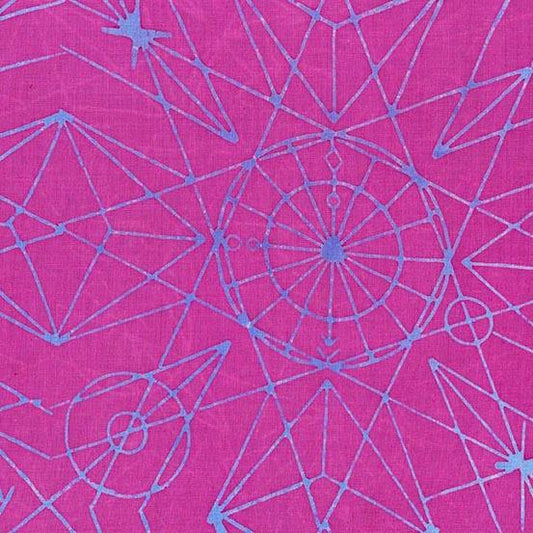 Observatory Astronomy in Dusk is a hand-dyed batik featuring beautiful periwinkle blue geometric shapes on a magenta background.