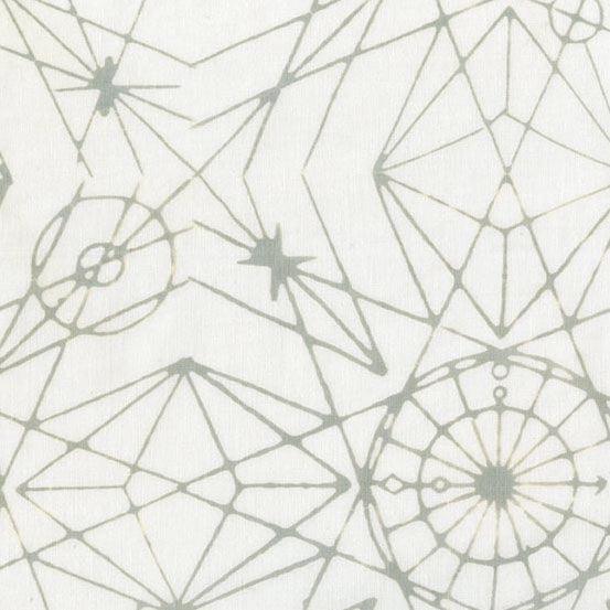 Observatory Astronomy in Far Far Away is a hand-dyed batik featuring beautiful light grey geometric shapes on a soft white background.