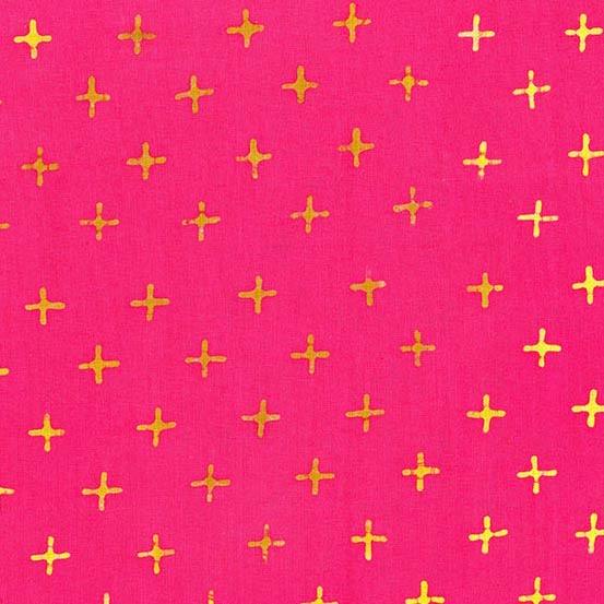 Observatory Pulsar in Starlet is a hand-dyed batik featuring gold plus signs arranged on a beautifully bright pink background.