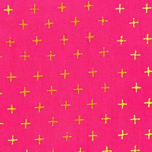 Observatory Pulsar in Starlet is a hand-dyed batik featuring gold plus signs arranged on a beautifully bright pink background.