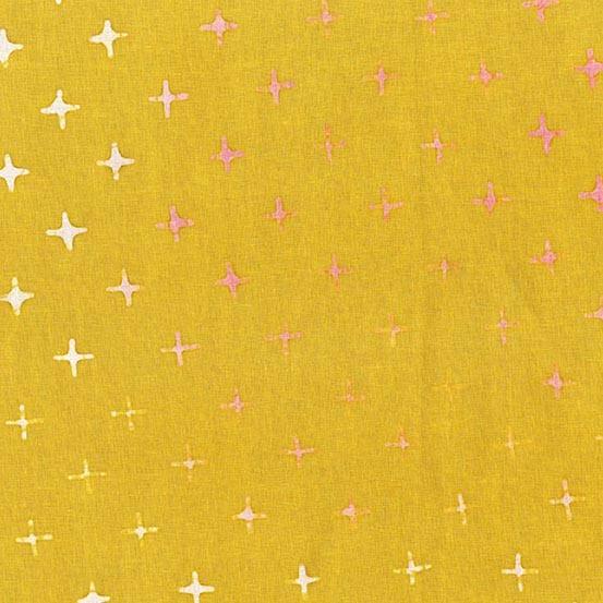 Observatory Pulsar in Terra is a hand-dyed batik featuring dark and light pink plus signs arranged on a beautifully rich, mustard gold background.