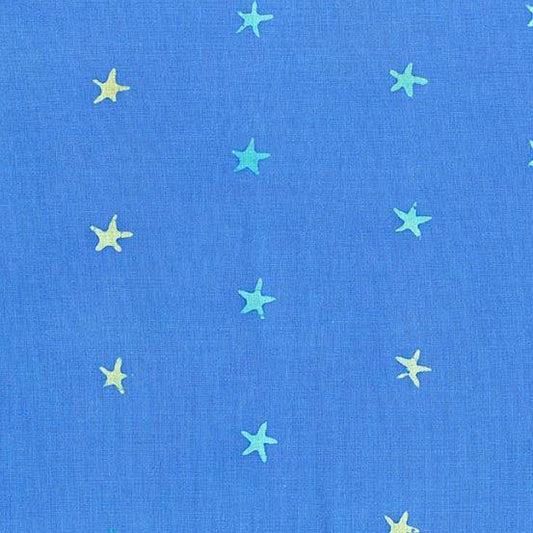 Observatory Spangled in Aurora is a hand-dyed batik featuring green stars scattered across a royal blue background.