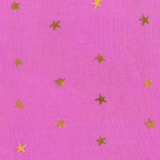 Observatory Spangled in Shimmer is a hand-dyed batik featuring gold stars scattered across a fuchsia background.