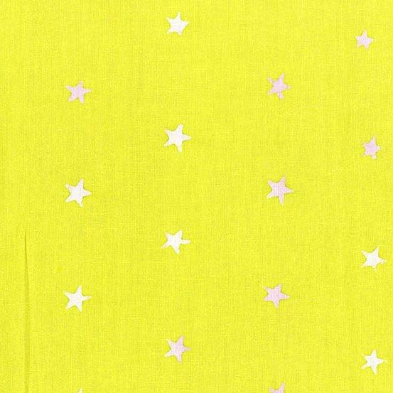 Observatory Spangled in Sulphur is a hand-dyed batik featuring light pink stars scattered across a lime green background.