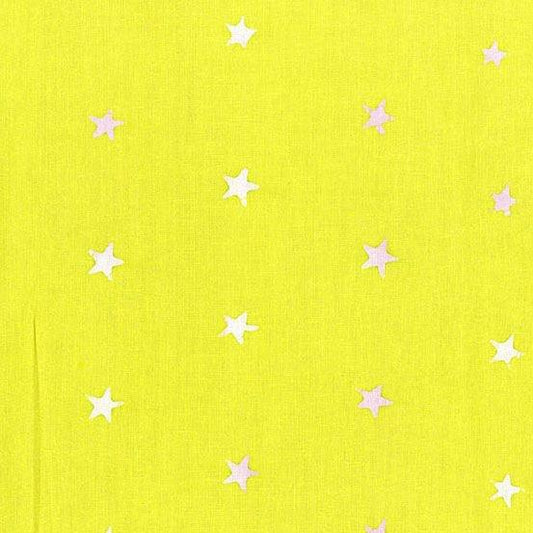 Observatory Spangled in Sulphur is a hand-dyed batik featuring light pink stars scattered across a lime green background.