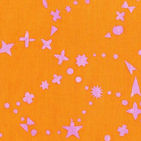 Observatory Supernova in Phoenix is a hand-dyed batik featuring light pink shapes swirling on a warm orange background.