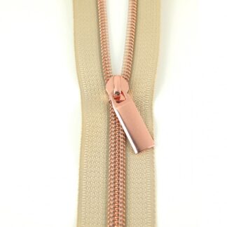 Beige #5 Nylon Rose Gold Coil Zipper, 3 Yards with 9 Pulls