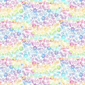 Rainbow Garden Rainbow Meadow in White features small rainbow flowers, leaves, and sprigs tossed across a white background.