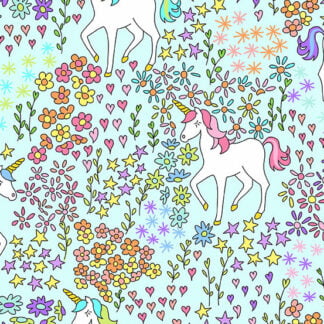 Believe Unicorn Field in Light Blue features white unicorns with colorful manes and tails prancing through rainbow flowers on a soft blue background.