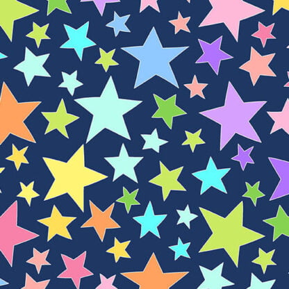Believe Dancing Stars in Navy features large colorful stars tossed across a dark blue background.