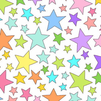 Believe Dancing Stars in White features large colorful stars tossed across a soft white background.