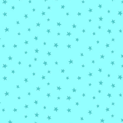 Believe Rainbow Stars in Teal features tiny dark turquoise stars tossed across a light blue background.
