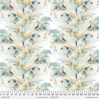Natural Affinity I Must Have Flowers in Apricot features sprigs of watercolor flowers in pastel greens, apricot, and blue on a soft cream background.