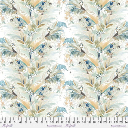 Natural Affinity I Must Have Flowers in Apricot features sprigs of watercolor flowers in pastel greens, apricot, and blue on a soft cream background.