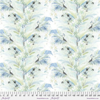 Natural Affinity I Must Have Flowers in Celadon features large sprigs of watercolor flowers in shades of pastel greens, teals, and blues on a soft cream background.