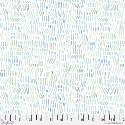 Natural Affinity Watercolor Meadow in Celadon features short watercolor brushstrokes in shades of blue and green pastels arranged on a soft white background.