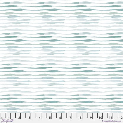 Natural Affinity Drift in Celadon features undulating watercolor stripes in blue, teal, and green pastels floating across a soft white background. Stripes run perpendicular to the selvage. 