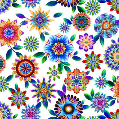 Fractal Flowers Flower Allover in White features vivid rainbow blossoms with dynamic patterns tossed across a white background.