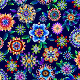 Fractal Flowers Flower Allover in Indigo features vivid rainbow blossoms with dynamic patterns tossed across a dark indigo blue background.